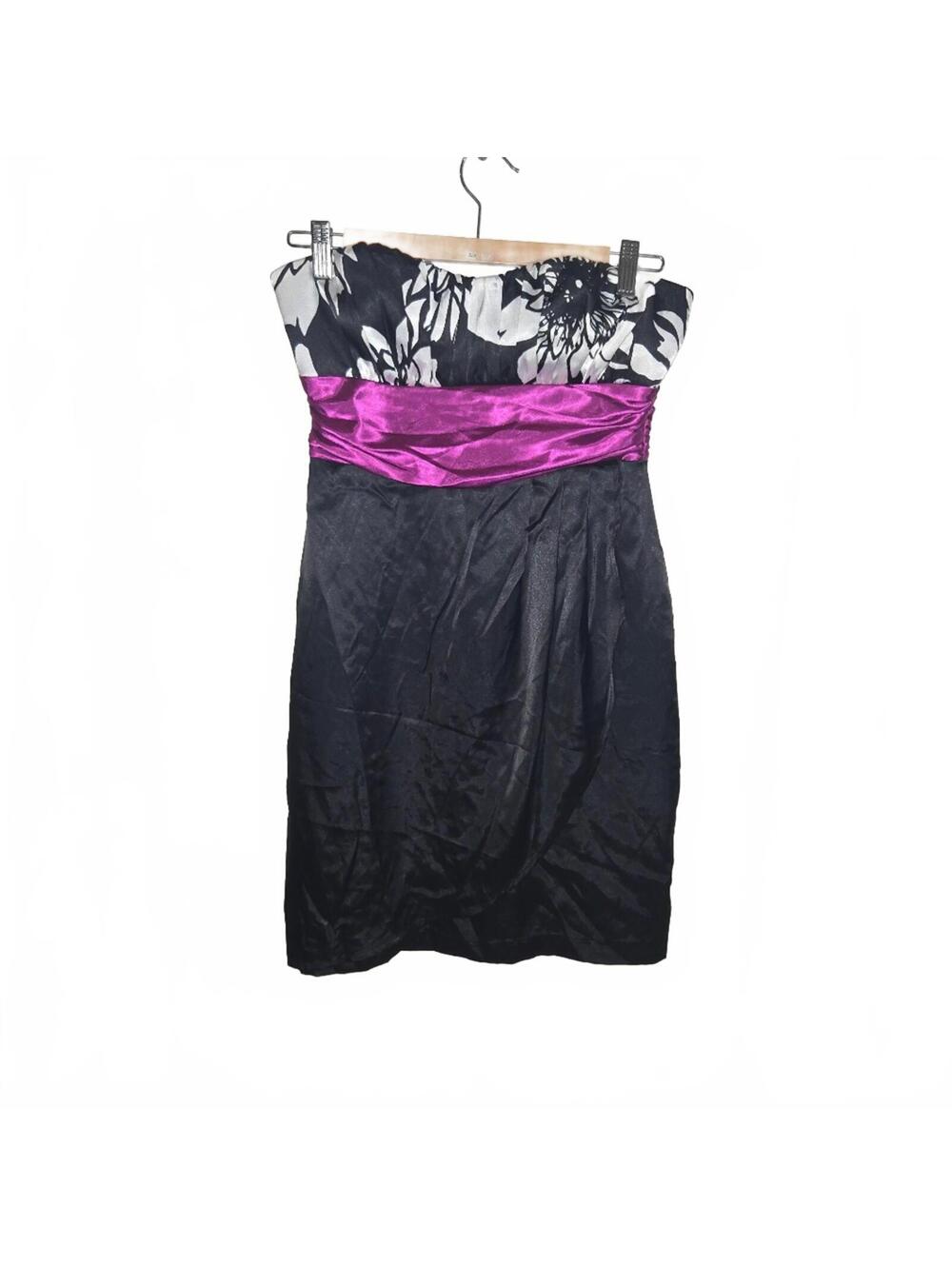 Strapless Black Dress with Floral Print and Purple Waistband